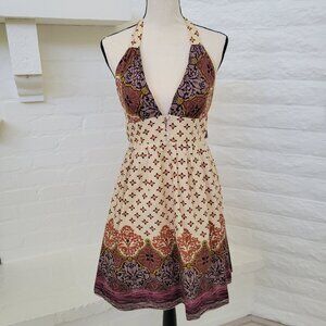 Women's Halter Dress Small Ivory Beige Paisley Floral Plunge Neckline Backless